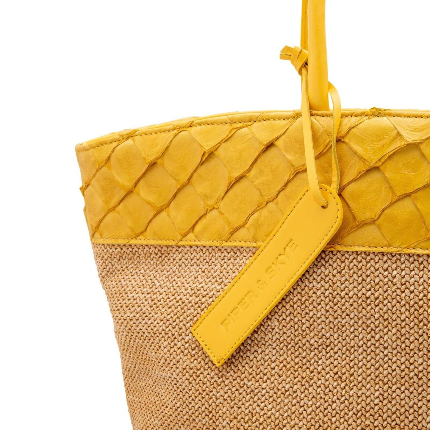 Rio Beach Bag in Camel Raffia & Honey Yellow Pirarucu