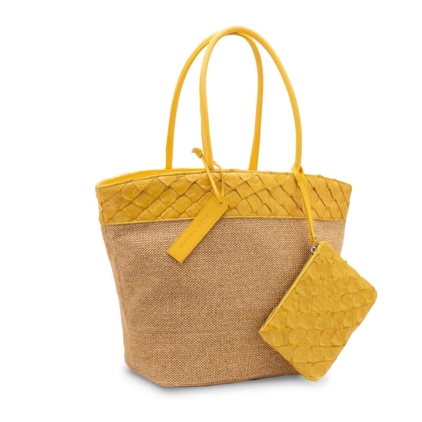 Rio Beach Bag in Camel Raffia & Honey Yellow Pirarucu