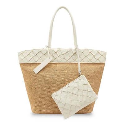 Rio Beach Bag in Camel Raffia & Clay White Pirarucu