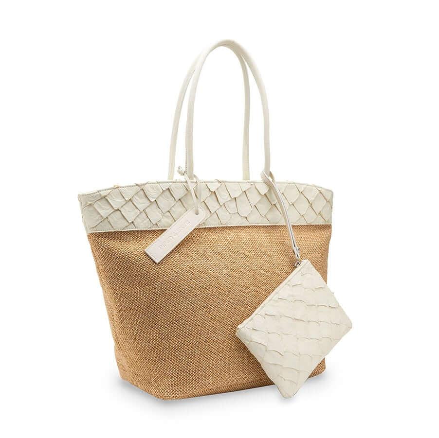 Rio Beach Bag in Camel Raffia & Clay White Pirarucu