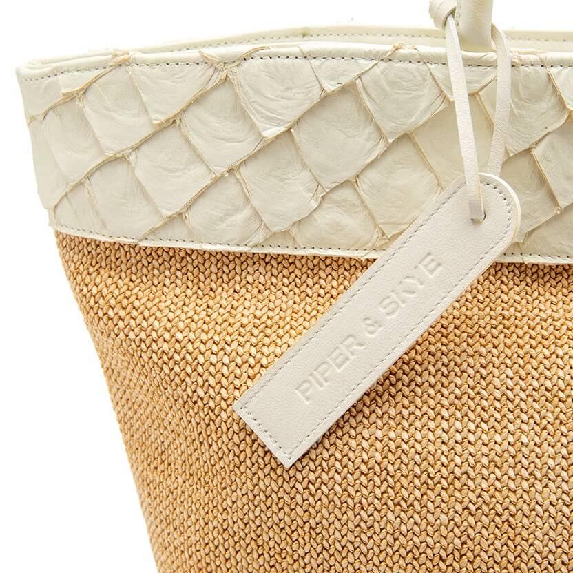 Rio Beach Bag in Camel Raffia & Clay White Pirarucu