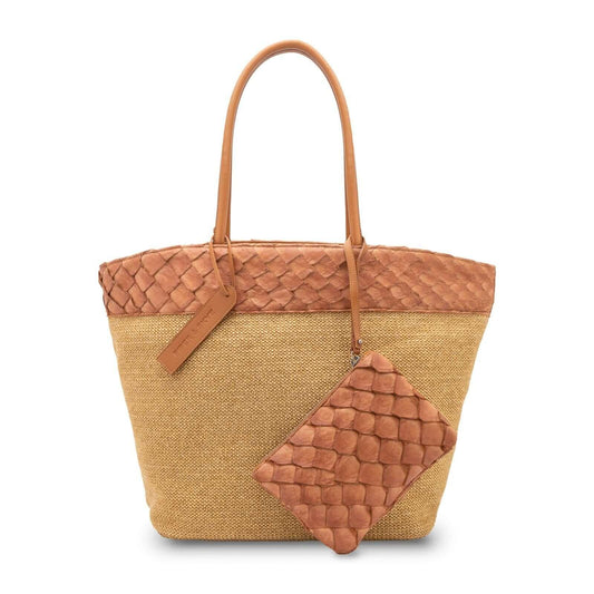 Rio Beach Bag in Camel Raffia & Cognac Pirarucu
