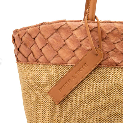 Rio Beach Bag in Camel Raffia & Cognac Pirarucu