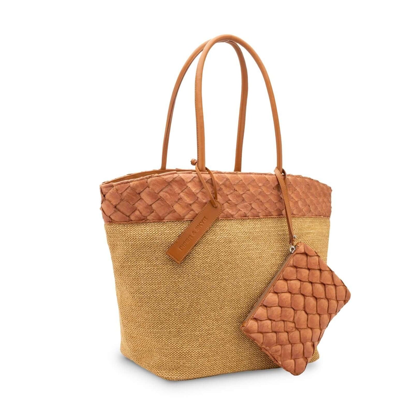 Rio Beach Bag in Camel Raffia & Cognac Pirarucu