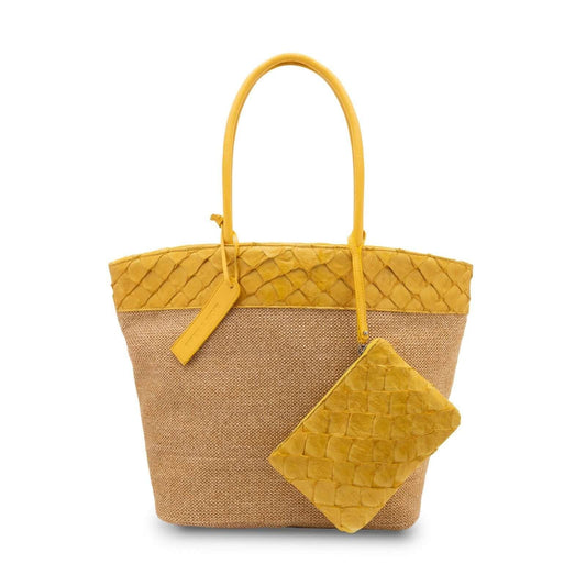 Rio Beach Bag in Camel Raffia & Honey Yellow Pirarucu