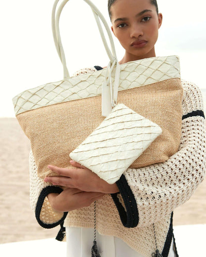 Rio Beach Bag in Camel Raffia & Clay White Pirarucu